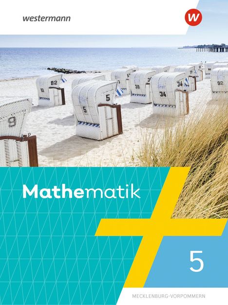 "Mathematik 5", Strandkörbe am Meer mit Sand und Dünen, modernes Design in Blau und Gelb, Westermann-Logo oben rechts.