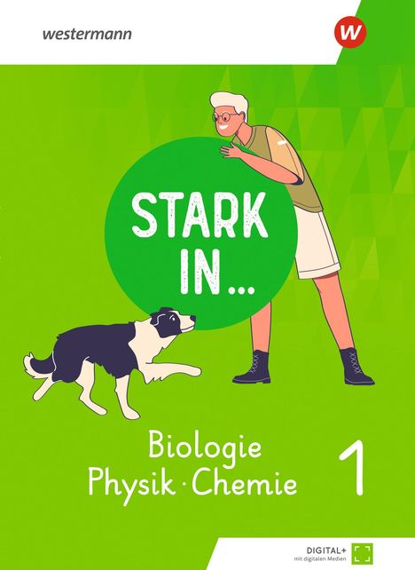 "STARK IN... Biologie Physik Chemie 1" zeigt ein fröhliches Cartoon mit einem Hund und einer Person auf grünem Hintergrund.