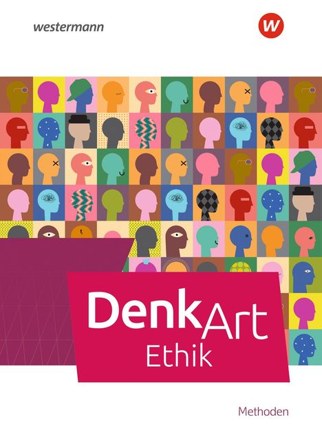 „DenkArt Ethik Methoden“ auf buntem Hintergrund mit stilisierten Köpfen und einem „W“ Logo.
