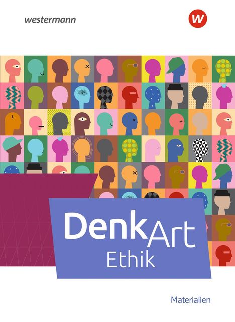 „DenkArt Ethik Materialien“ vor buntem Muster aus verschiedenen stilisierten Profilen in quadratischen Feldern.