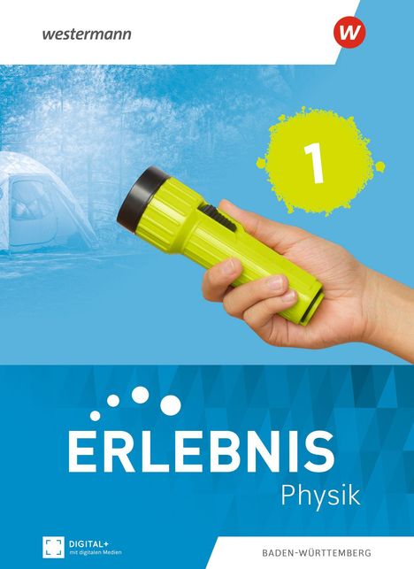 Titel: "ERLEBNIS Physik". Eine Hand hält eine gelbe Taschenlampe. Ein Zelt und ein Wald sind im Hintergrund zu sehen.