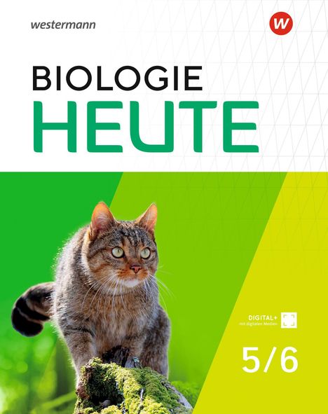 „westermann BIOLOGIE HEUTE 5/6“; eine Wildkatze steht aufmerksam auf moosbedecktem Holz vor einem grünen Hintergrund.