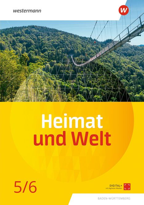 "Heimat und Welt 5/6", grüne Hügel mit Hängebrücke, gelber Hintergrund. Logo oben rechts.