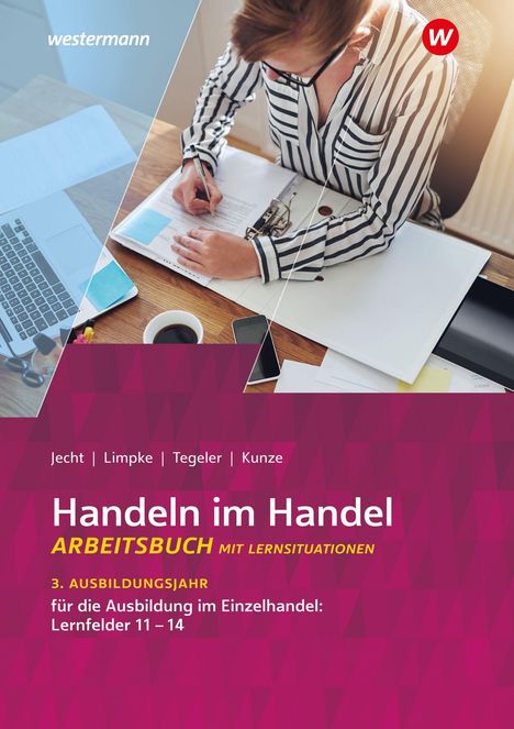 Texts: "Handeln im Handel", "3. Ausbildungsjahr", "westermann".  
Eine Person schreibt an einem Schreibtisch.