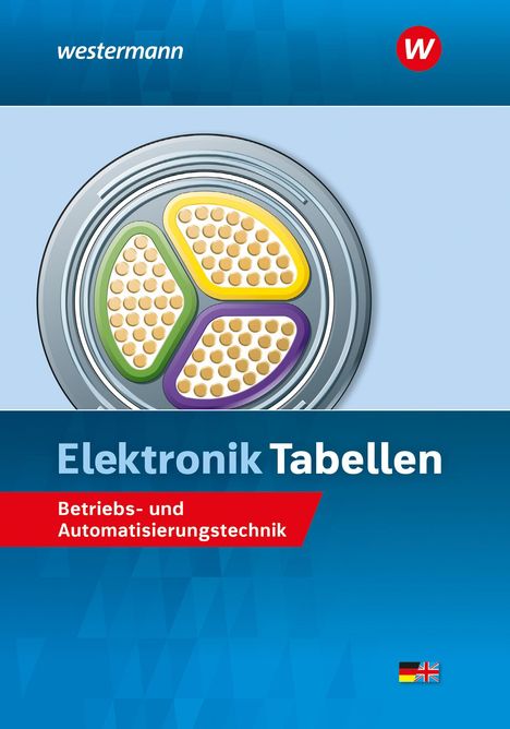 "Elektronik Tabellen", "Betriebs- und Automatisierungstechnik". Oben weißes "westermann" auf blauem Hintergrund. Illustration: technisches Design.