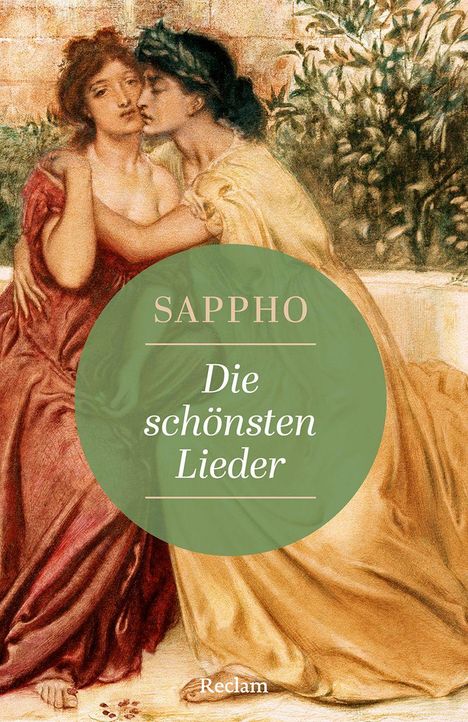 „Sappho: Die schönsten Lieder“. Zwei Frauen in antiker Kleidung sitzen eng beieinander.