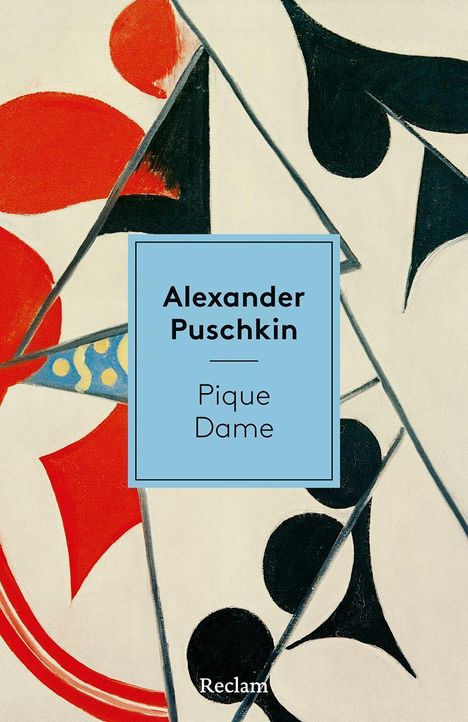 Text: "Alexander Puschkin - Pique Dame". Illustration mit roten und schwarzen abstrakten Formen auf weißem Hintergrund.