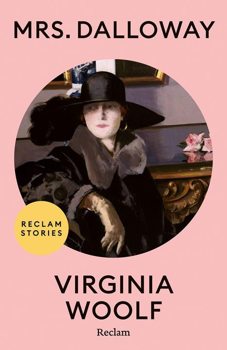MRS. DALLOWAY, VIRGINIA WOOLF. Illustration einer eleganten Frau mit Hut und Pelz vor rosa Hintergrund.