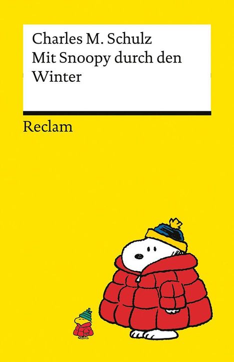 "Charles M. Schulz Mit Snoopy durch den Winter Reclam." Illustration: Snoopy in roter Jacke und Mütze, gelber Hintergrund.