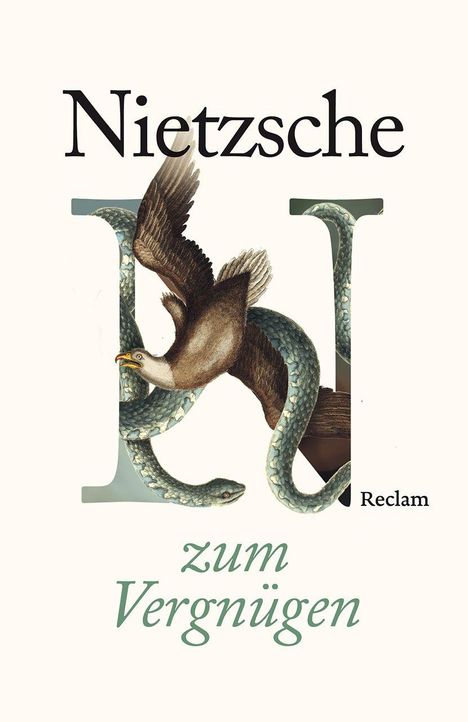 "Nietzsche zum Vergnügen", Verlag "Reclam". Illustration: Ein Adler und eine Schlange in einem großen, stilisierten Buchstaben L.