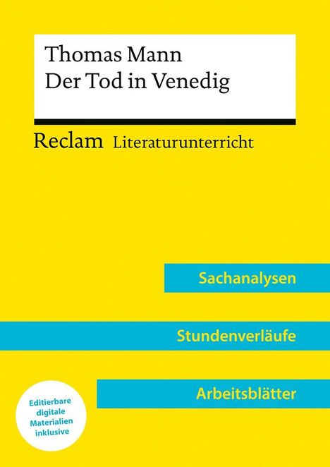 "Thomas Mann Der Tod in Venedig," Reclam Literaturunterricht, gelber Hintergrund, blaue Streifen mit "Sachanalysen," "Stundenverläufe," "Arbeitsblätter".