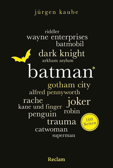 "batman" groß, umgeben von Begriffen wie "gotham city", "joker", "trauma". Ein gelbes Fledermaus-Symbol links.