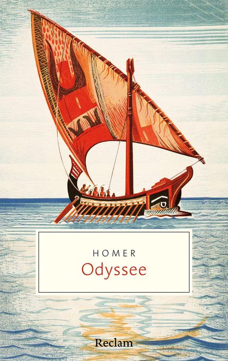 "Homer Odyssee. Reclam." Illustration eines Segelschiffes mit rotem Segel auf blauem Wasser.