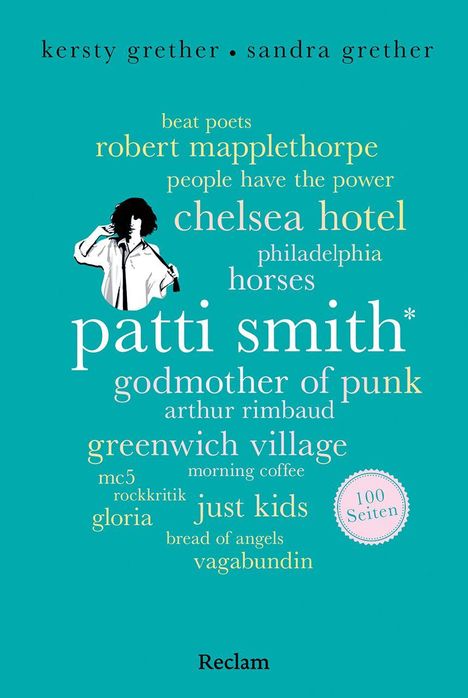 Wörter wie "patti smith", "chelsea hotel", "greenwich village"; Illustration eines Menschen, Reclam unten.