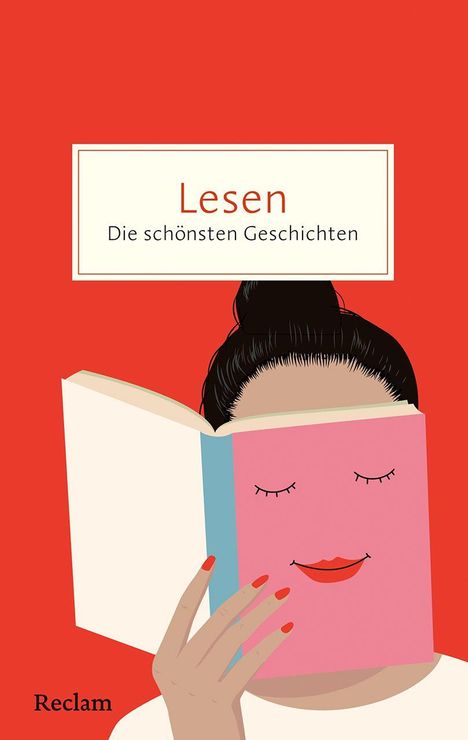 Text in der Mitte: „Lesen - Die schönsten Geschichten.“ Illustration: Eine Person liest ein Buch mit rosa Cover.