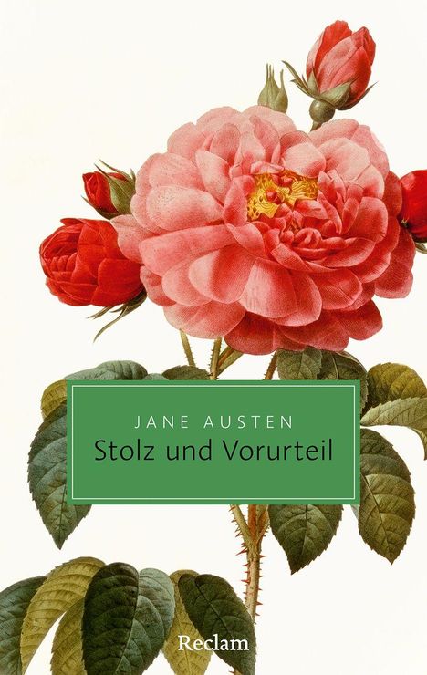 Buchcover: "Jane Austen - Stolz und Vorurteil", großer, blühender rosa Pfingstrosenstrauch mit grünen Blättern.