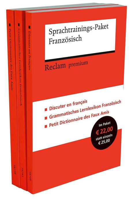 Sprachtrainings-Paket Französisch von Reclam: Drei orangefarbene Bücher, Preis im Paket €22 statt €25.