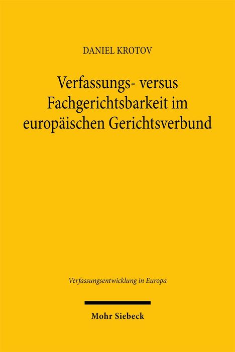 "Verfassungs- versus Fachgerichtsbarkeit im europäischen Gerichtsverbund" von Daniel Krotov. Gelber Hintergrund, schwarzer Text.