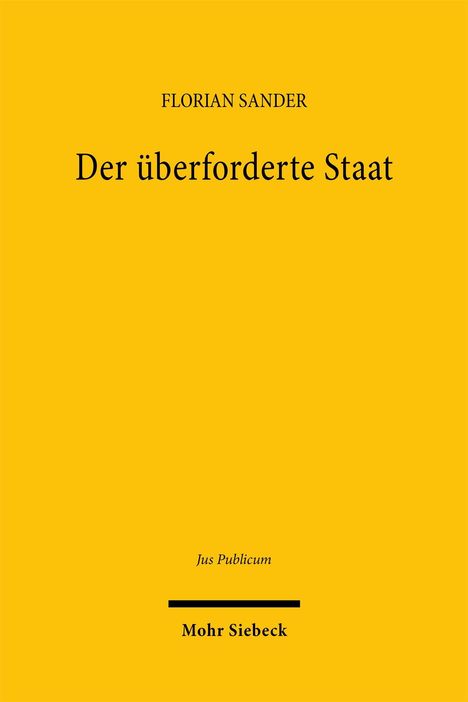 Text: "FLORIAN SANDER, Der überforderte Staat, Jus Publicum, Mohr Siebeck". Gelber Hintergrund, minimalistisches Design.