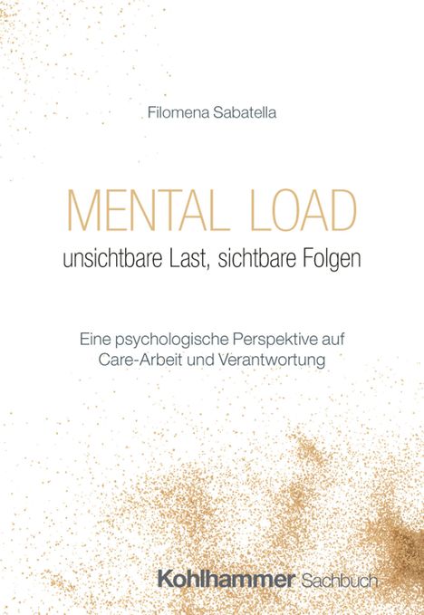 „Mental Load: unsichtbare Last, sichtbare Folgen“ steht zentral. Oben der Name „Filomena Sabatella“. Dezenter Goldstaubhintergrund.