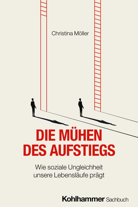 "Die Mühen des Aufstiegs. Wie soziale Ungleichheit unsere Lebensläufe prägt. Christina Möller." Zwei rote Leitern, zwei Figuren.