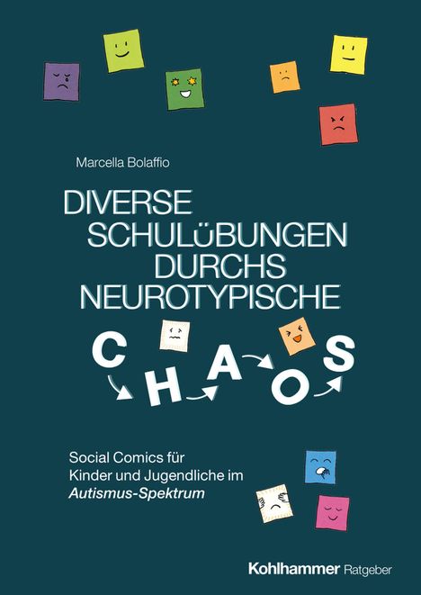 Auf dunkelblauem Hintergrund steht: "Diverse Schulübungen durchs neurotypische Chaos". Bunte Quadrate mit Gesichtern sind verteilt.
