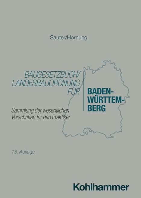 Text: "Baugesetzbuch/Landesbauordnung für Baden-Württemberg", "Sammlung der wesentlichen Vorschriften", "Sauter/Hornung". Silhouette.