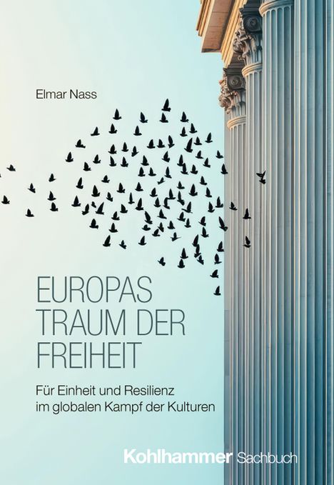 "Europas Traum der Freiheit" von Elmar Nass: Eine Wolke von Vögeln fliegt vor monumentalen Säulen.