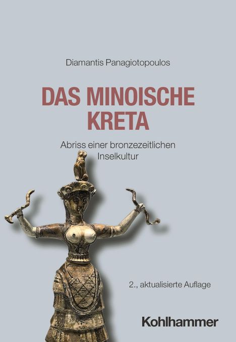 Text: "DAS MINOISCHE KRETA", darunter Statue einer antiken Figur mit erhobenen Armen und Schlangen.