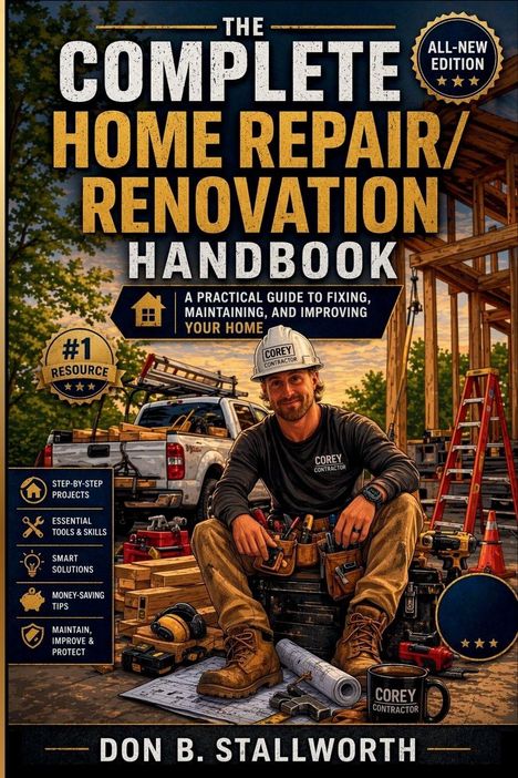 "The Complete Home Repair/Renovation Handbook. Eine Baustellenszene mit einem Bauarbeiter und Werkzeugen."