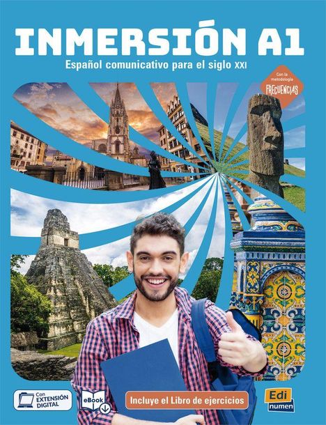 Text: "INMERSIÓN A1, Español comunicativo para el siglo XXI, Incluye el Libro de ejercicios." Ein Mann lächelt und hebt den Daumen.