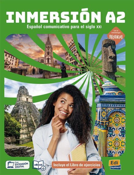 „INMERSIÓN A2“ - Lernmaterial für Spanisch. Lächelnde Frau, Sehenswürdigkeiten und bunte Muster.