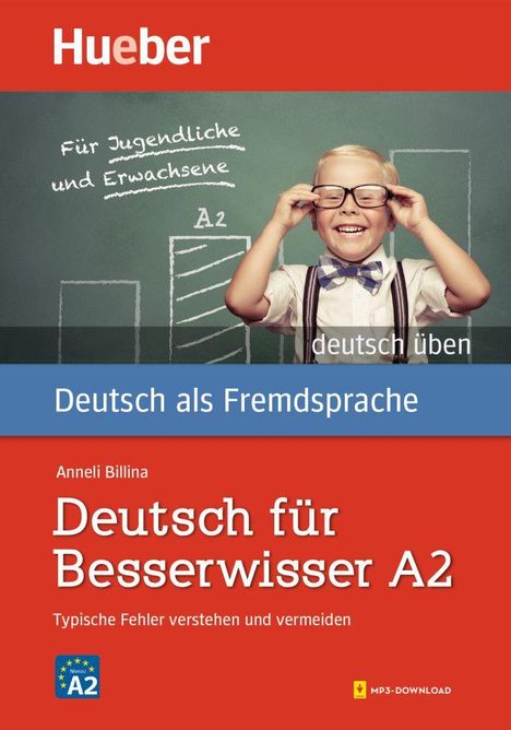 Titel: "Deutsch für Besserwisser A2". Ein lächelndes Kind vor einer Tafel mit Brille und Hosenträgern.