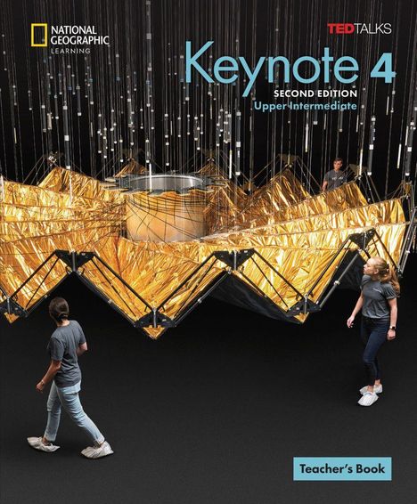 Schrift: "Keynote 4", "Second Edition", "Upper Intermediate", "Teacher's Book". 

Zwei Personen neben einem goldenen Konstrukt.