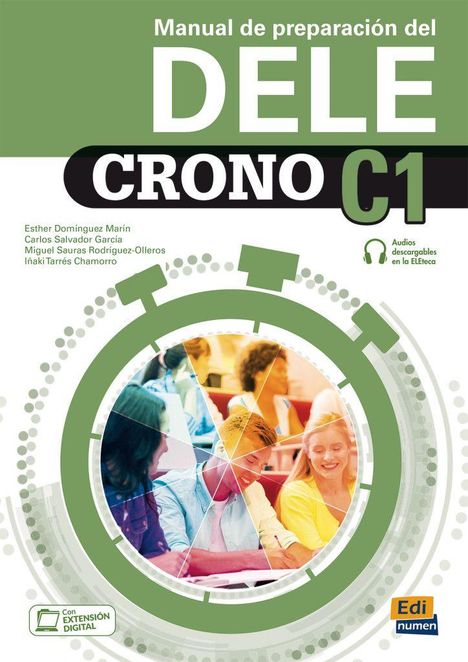 „Manual de preparación del DELE CRONO C1“ steht groß oben. Darunter eine Stoppuhr und lächelnde Studenten.