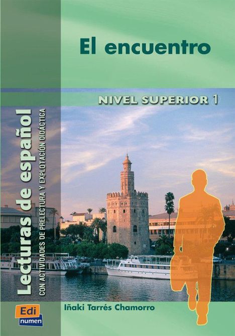 "El encuentro", "Nivel Superior 1". Illustration: Ein oranges, transparentes Silhouette vor einem Fluss und einem Turm.