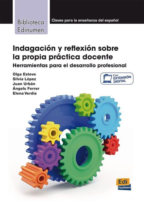 „Indagación y reflexión sobre la propia práctica docente“ steht groß in der Mitte. Darunter sind bunte Zahnräder.