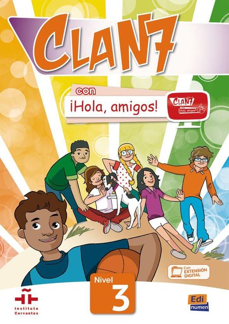"Clan 7", "¡Hola, amigos!", "Nivel 3". Fröhliche Kinder, Hund und Basketball. Bunte, strahlende Hintergrundfarben.