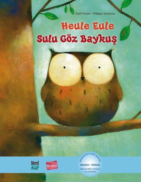 Text: "Heule Eule Sulu Göz Baykuş", "Bildwörterbuch in zwei Sprachen", "Deutsch - Türkisch". Illustration: eine Eule auf einem Ast.
