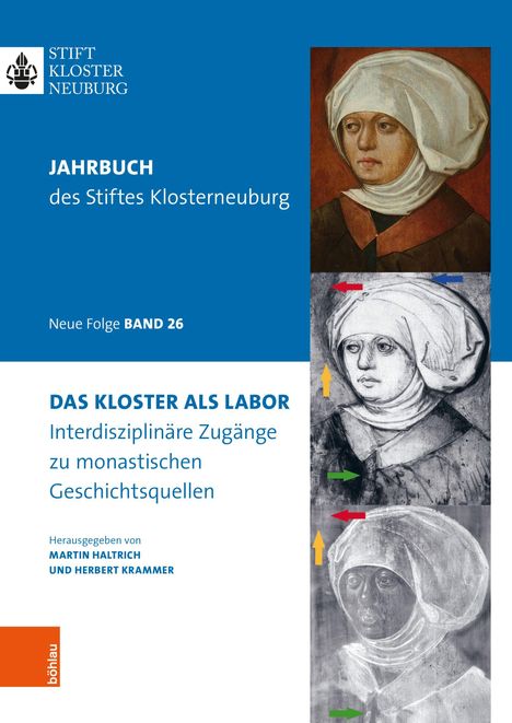 Jahrbuch des Stiftes Klosterneuburg, Band 26. Drei Abbildungen eines Frauenporträts, oben farbig, unten schwarz-weiß.