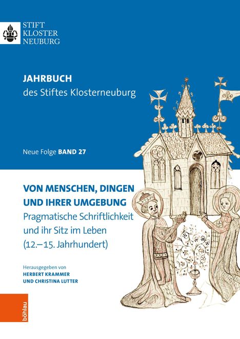 Jahrbuch des Stiftes Klosterneuburg, Band 27. Illustration mit zwei Figuren und einer Kirche im mittelalterlichen Stil.