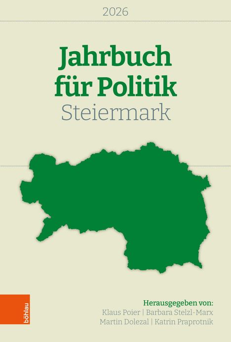 "2026. Jahrbuch für Politik Steiermark. Herausgegeben von Klaus Poier et al. Grüne Steiermark-Silhouette auf hellem Hintergrund."