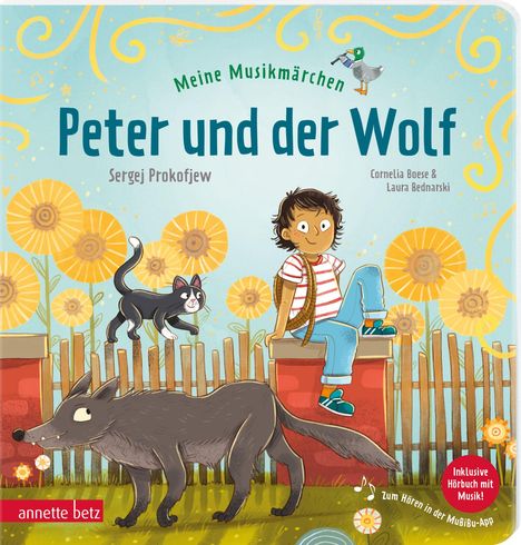 "Peter und der Wolf", ein Junge sitzt auf einer Mauer, daneben ein Wolf und eine Katze in einem blumigen Garten.
