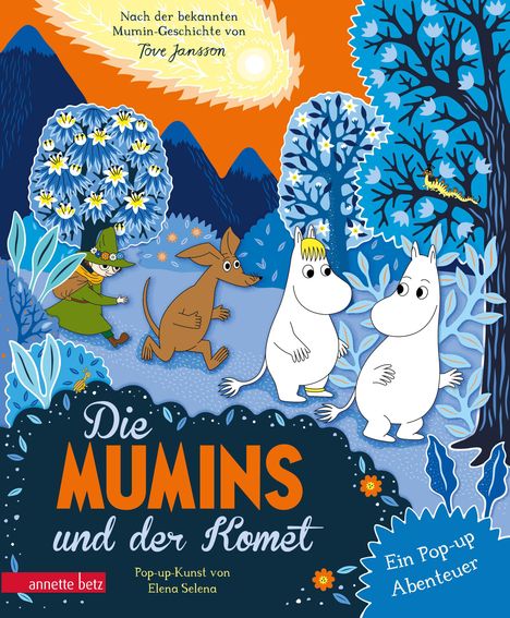 „Die MUMINS und der Komet“ zeigt Charaktere in einer bunten Landschaft mit einem großen Kometen am Himmel.