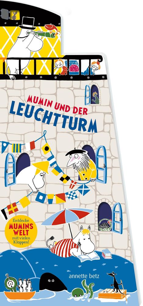 "Mumin und der Leuchtturm". Illustrationsstil mit Mumins auf einem Leuchtturm, bunte Flaggen, Meerestiere, Figuren in Fenstern.