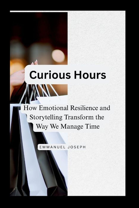 Text: "Curious Hours: How Emotional Resilience and Storytelling Transform the Way We Manage Time. Emmanuel Joseph." Illustration einer Hand mit Einkaufstaschen.