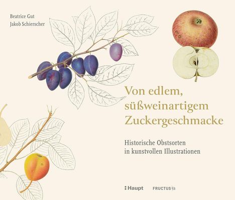 Titel: "Von edlem, süßweinartigem Zuckergeschmacke". Illustration von Obstsorten mit Pflaumen, Apfel und Pfirsich.