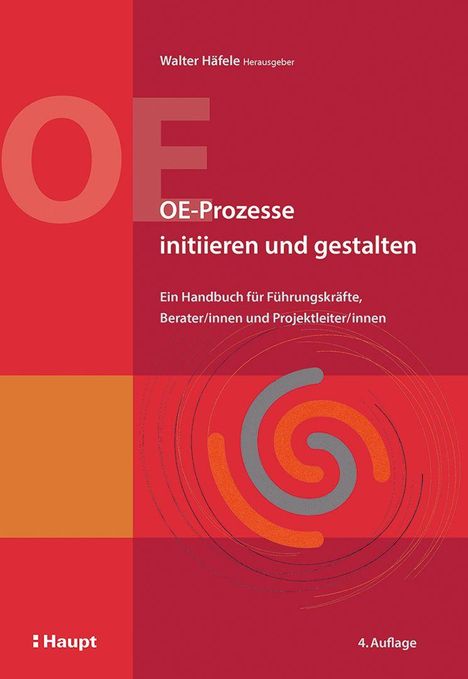 OE-Prozesse initiieren und gestalten. Ein Handbuch für Führungskräfte. Rote, spiralförmige Illustration.