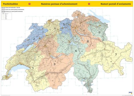 Postleitzahlen der Schweiz. Bunte Karte mit nummerierten Regionen von 1 bis 9. Markiert durch kantonale Umrisse.