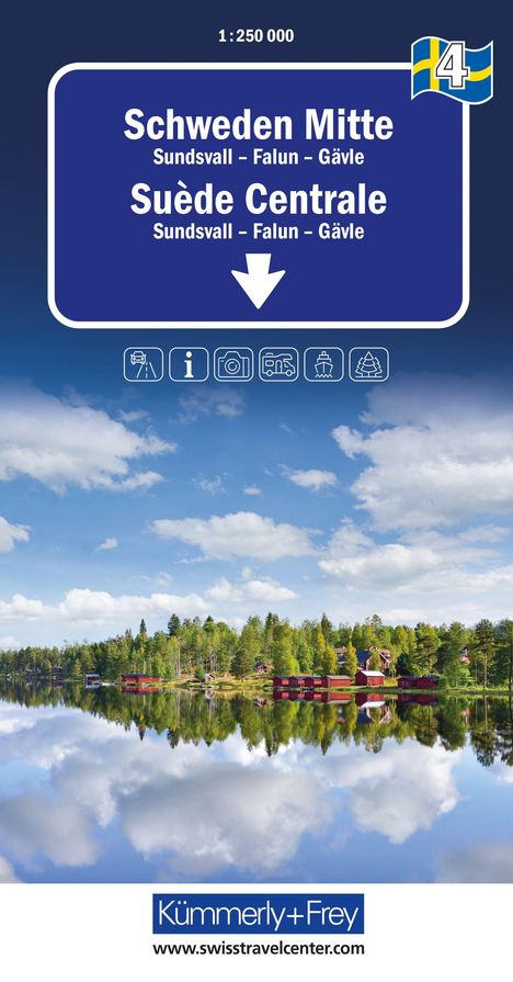 "Schweden Mitte, Suède Centrale, Sundsvall-Falun-Gävle." Ein See mit roten Häusern am Ufer, blauer Himmel.